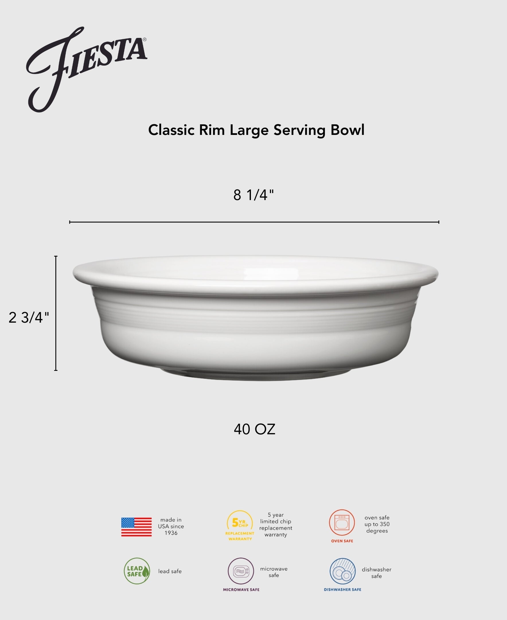 Fiesta China Classic Rim 10 1/2 Inch Extra Large Serving Bowl 80 OZ - Image 3