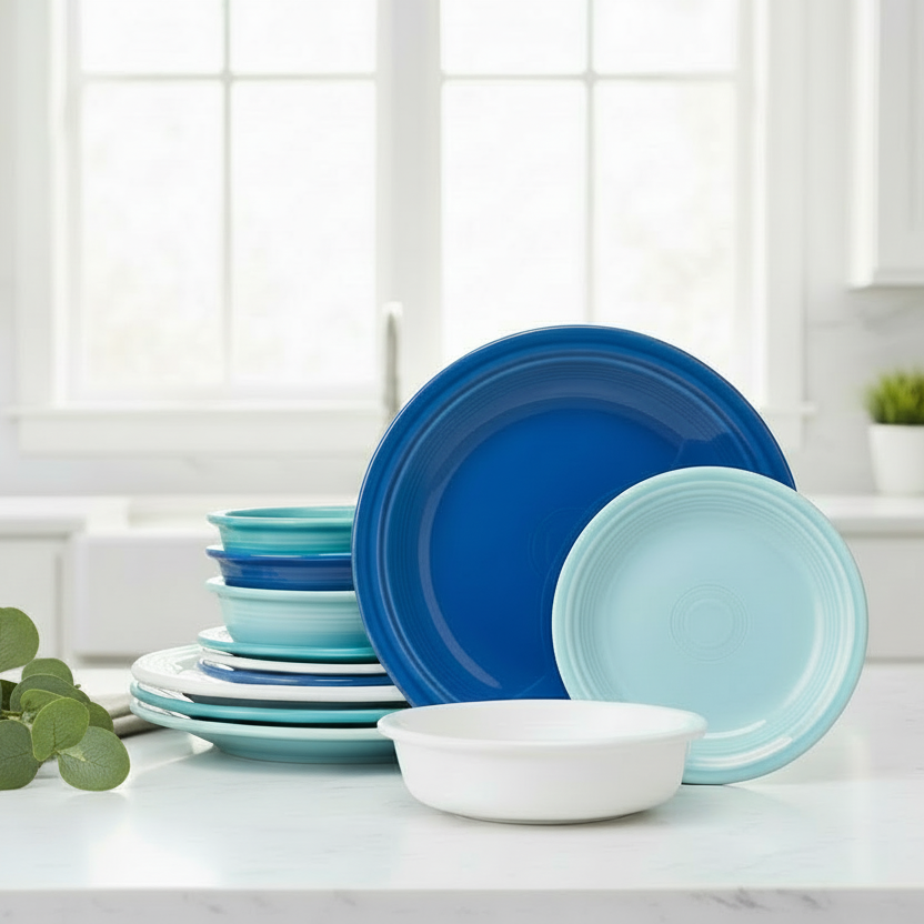 Fiesta China Mixed Coastal Blues Classic Rim 12-Piece Dinnerware Set, Service for 4 - Image 3