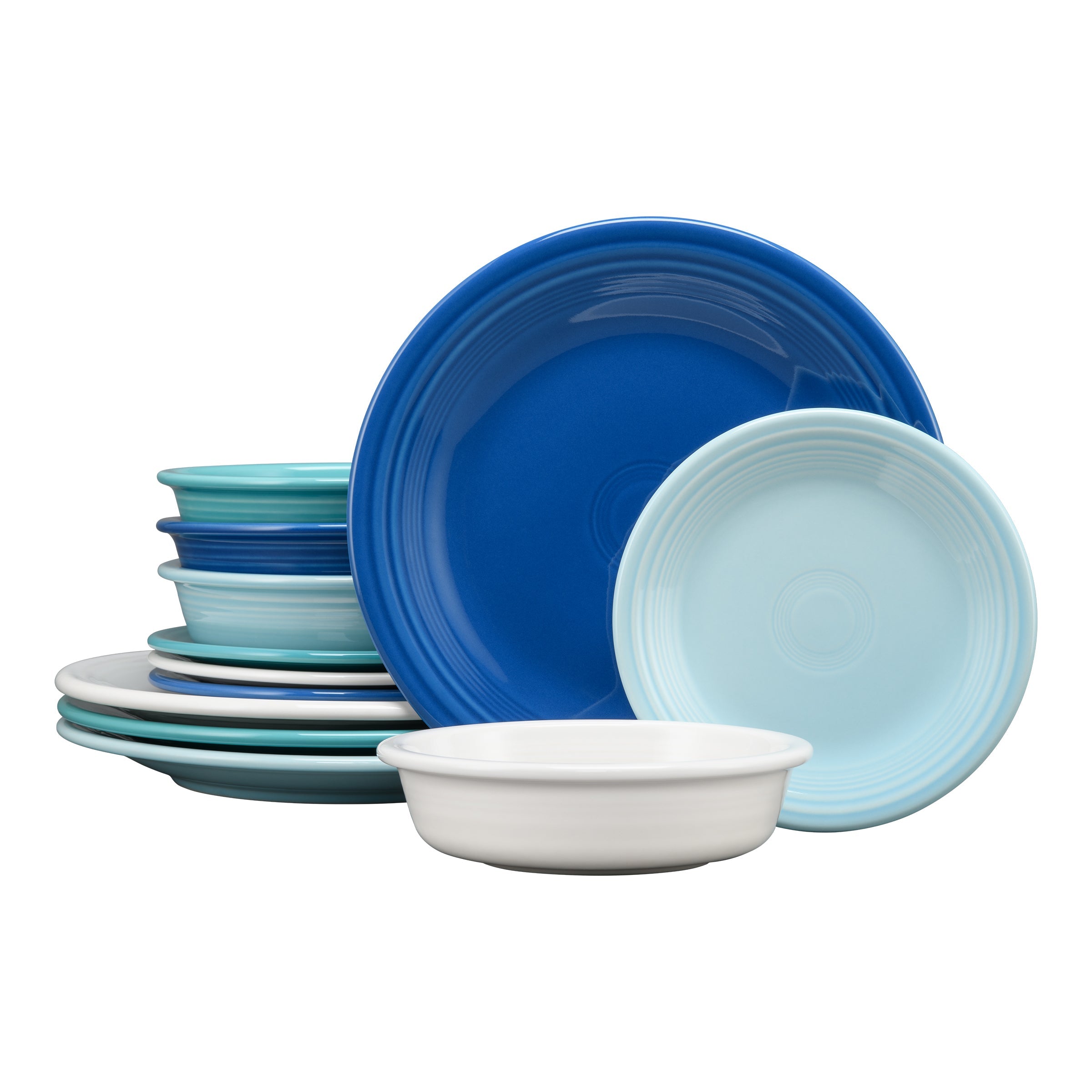 Fiesta China Mixed Coastal Blues Classic Rim 12-Piece Dinnerware Set, Service for 4